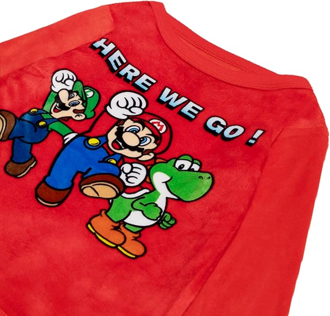 Super Mario Boys 2-Piece Fleece Pajama Set Featuring Mario Luigi and Yoshi Soft Long Sleeve Top with Matching Pants Sleepwear