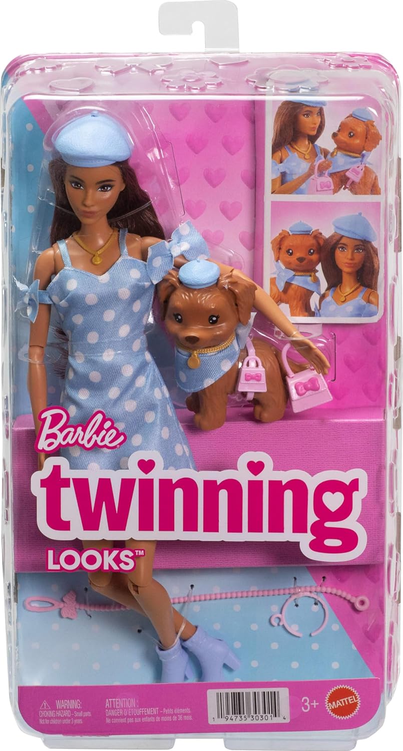 Barbie Twinning Looks Doll and Puppy Set in Blue Polka Dot Outfit with Accessories