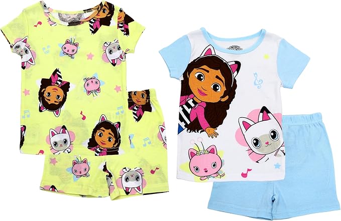 Gabby's Dollhouse Girls 4-Piece Cotton Pajama Set, Gabby Pandy Paws and Mercat Graphic Tees and Matching Shorts, Yellow/Blue