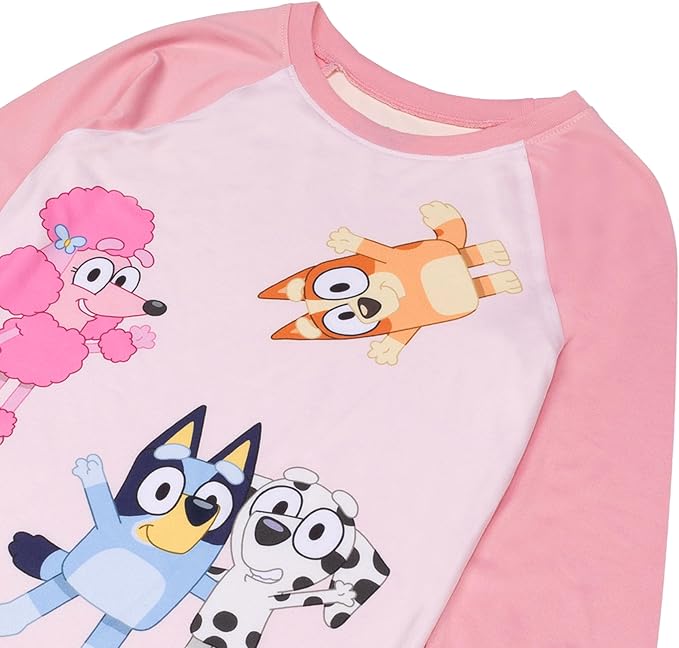 Bluey Toddler Girls Pink 2-Piece Pajama Set Long Sleeve Raglan Top and Pull-On Pants with Character Print Sleepwear Size 2T-4T