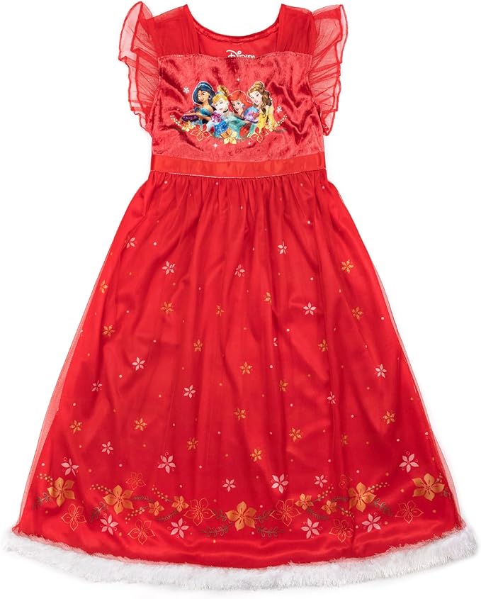 Disney Princess Girls Red Nightgown Sleepwear with Tulle Overlay – Soft Character Pajamas for Kids