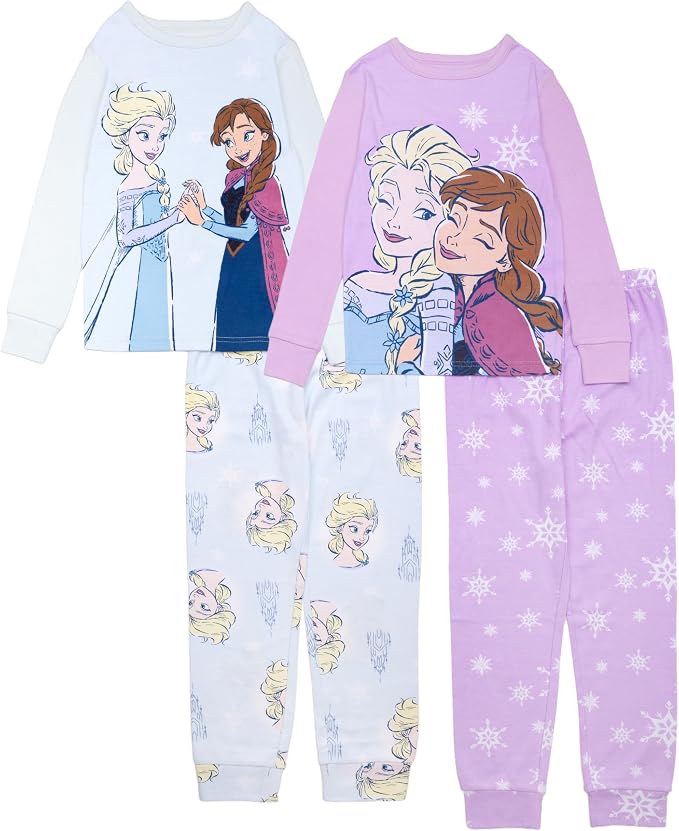 Disney Frozen Elsa and Anna Girls 4-Piece Long Sleeve Pajama Set with Snowflake Print Pants, Size 8