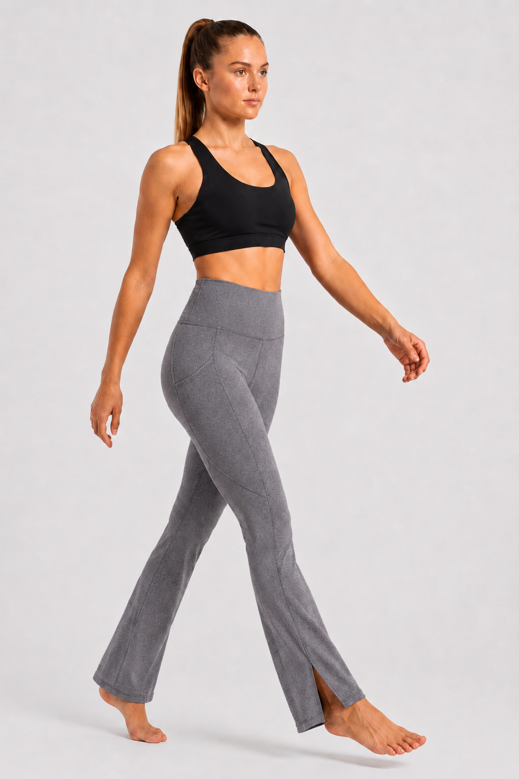 New York Laundry Women's High-Waisted Flare Yoga Pants with Side Pockets and Hem Slits, Heather Grey