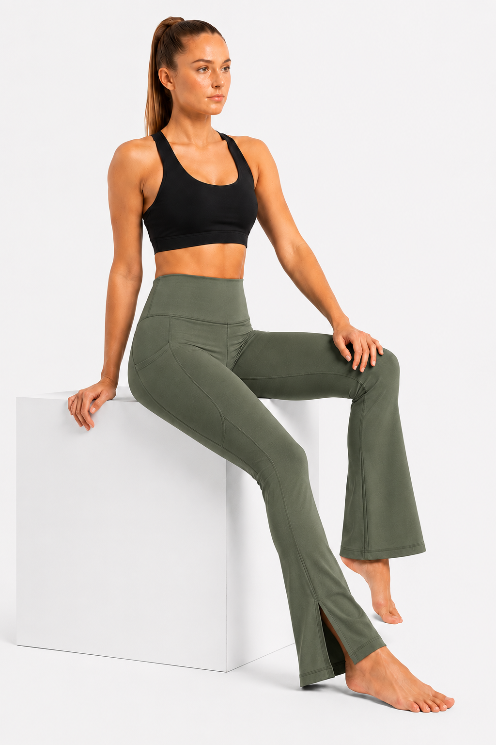 New York Laundry Women's High-Waisted Flare Yoga Pants with Side Pockets and Hem Slits, Olive Green