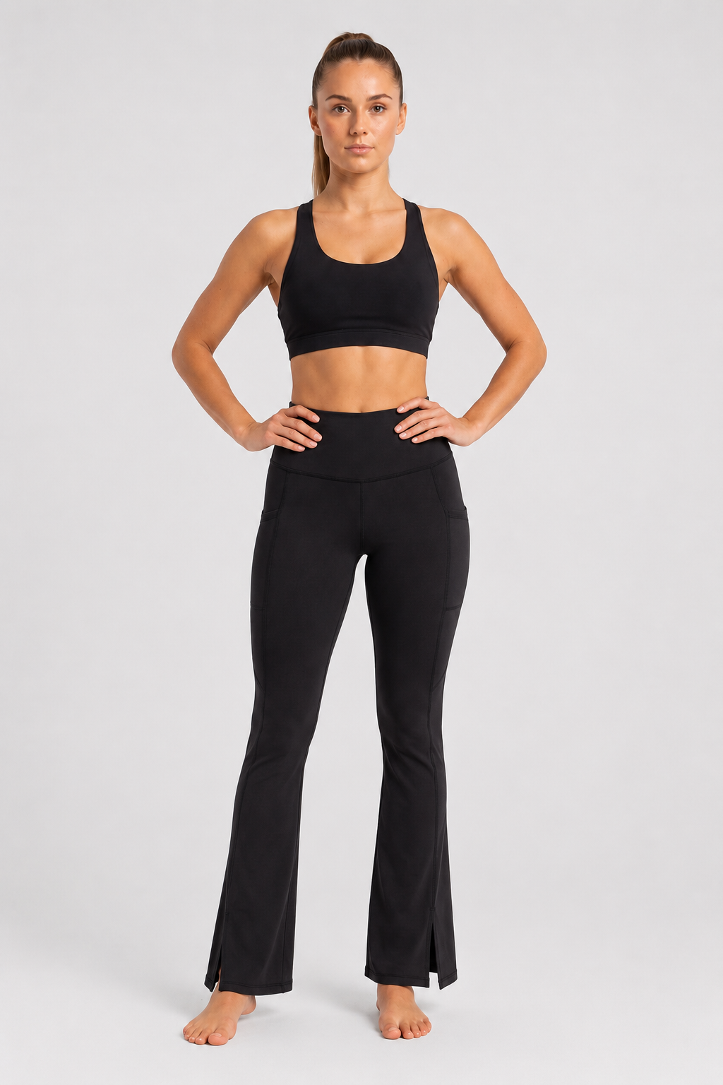 New York Laundry Women's High-Waisted Flare Yoga Pants with Side Pockets and Hem Slits, Jet Black