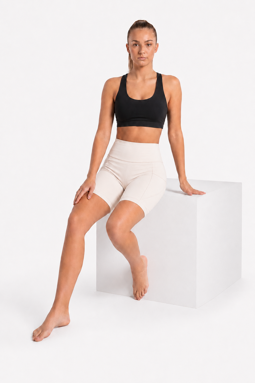 New York Laundry Women's 7-Inch High-Waisted Biker Shorts with Side Pockets, Cream / Beige