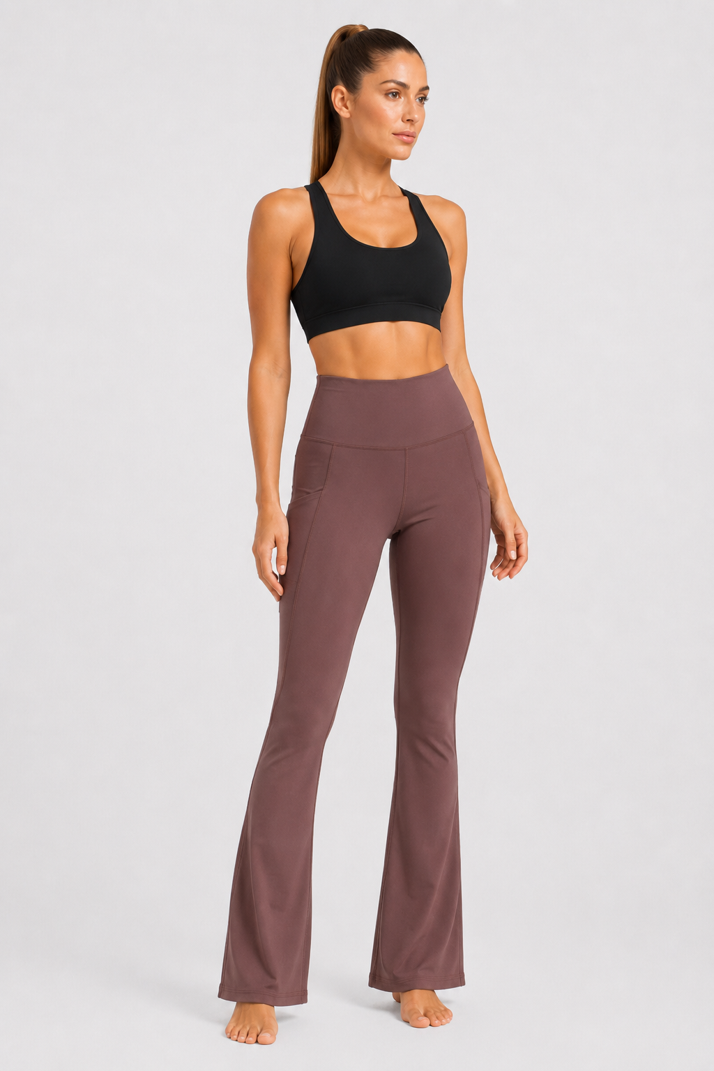 New York Laundry Women's High-Waisted Flare Yoga Pants with Side Pockets and Hem Slits, Mauve / Brown