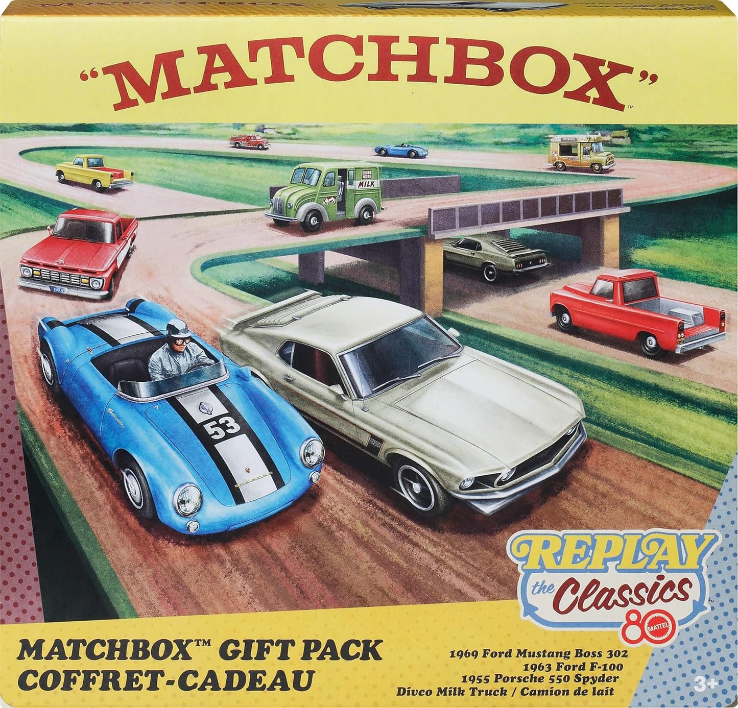 Matchbox Replay the Classics Gift Pack – 80Th Anniversary Vintage Die-Cast Car Set (Mustang, Porsche, F-100, Milk Truck)