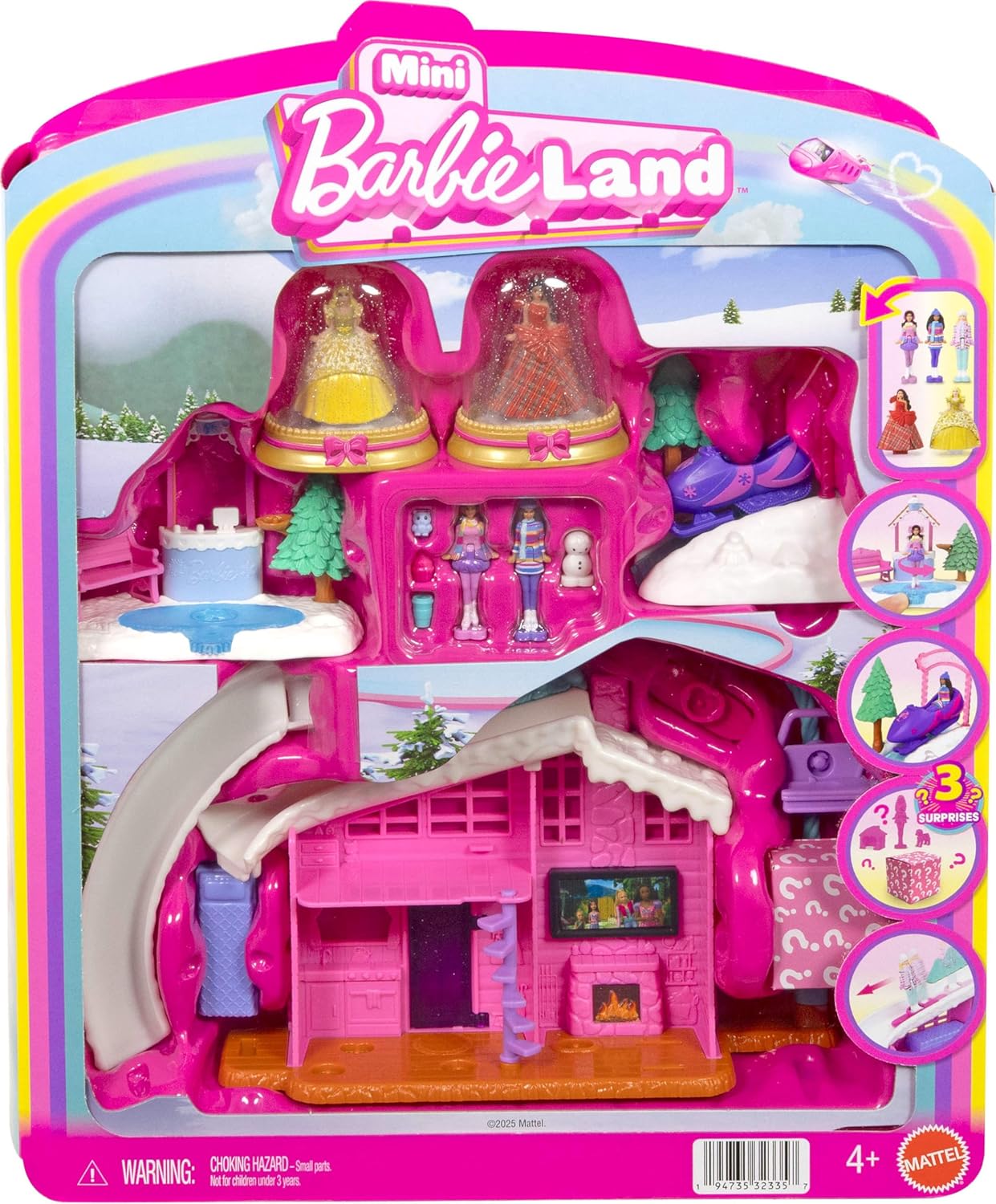 Barbie Mini BarbieLand Winter Chalet Playset – Snow Adventure House with Dolls, Accessories & 3 Surprises