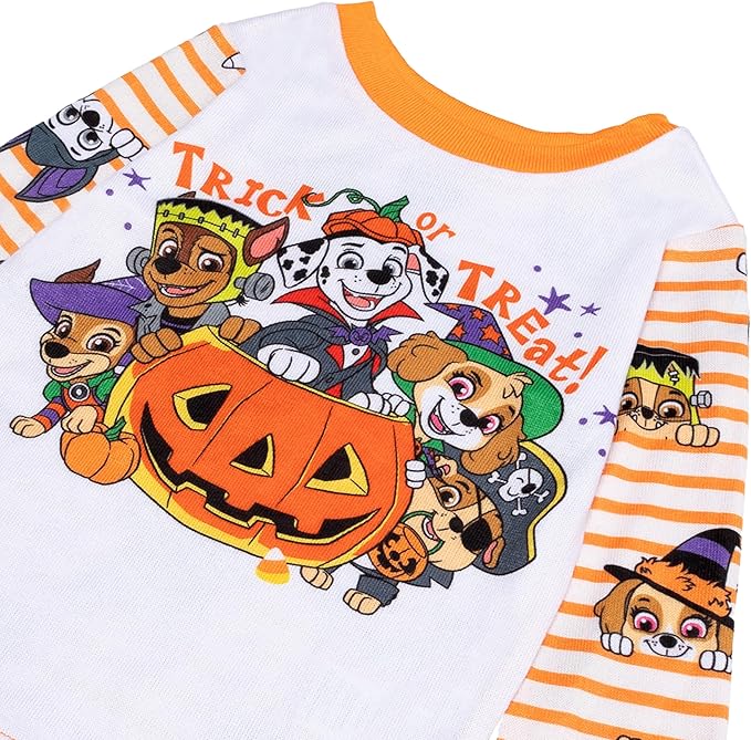 Paw Patrol Halloween Unisex 2-Piece Cotton Pajama Set, Long Sleeve "Trick or Treat" Pups Graphic Top and Striped Pants, Orange/White