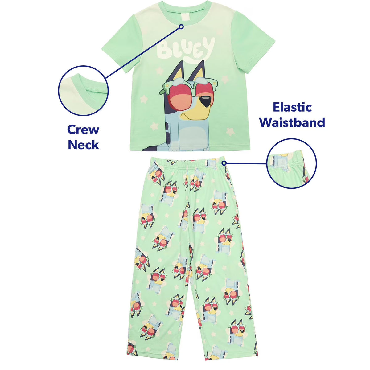 Bluey Kids Pajama Set Short Sleeve Top and Pants Green Sunglasses Graphic Unisex Sleepwear Sizes 2T and 4-10
