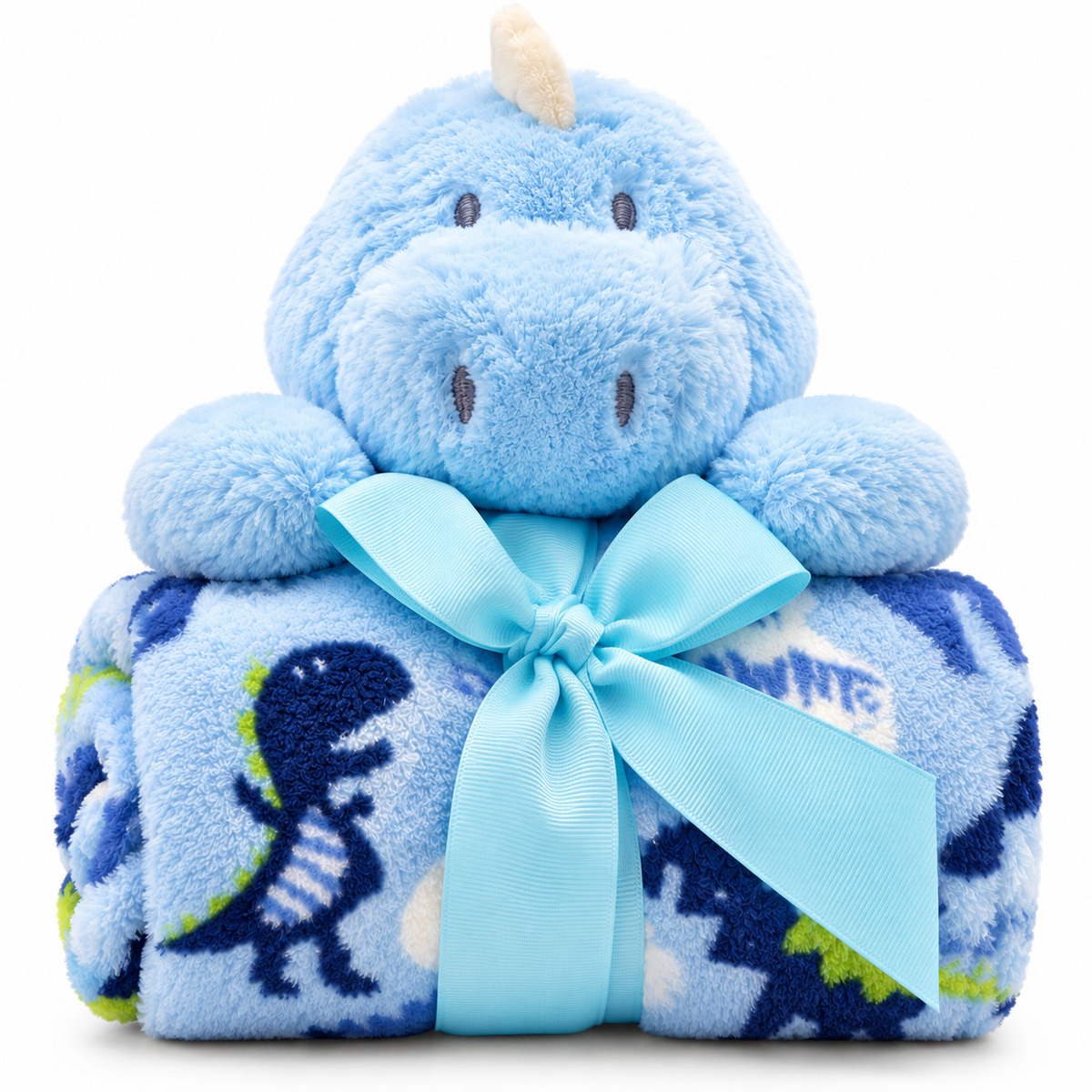 Everyday Kids Fleece Baby Blanket with Plush Blue Dinosaur Toy Gift Set, Soft Dino Print Throw, 36 x 30 Inches