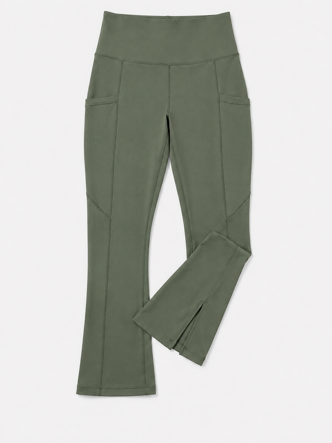 New York Laundry Women's High-Waisted Flare Yoga Pants with Side Pockets and Hem Slits, Olive Green