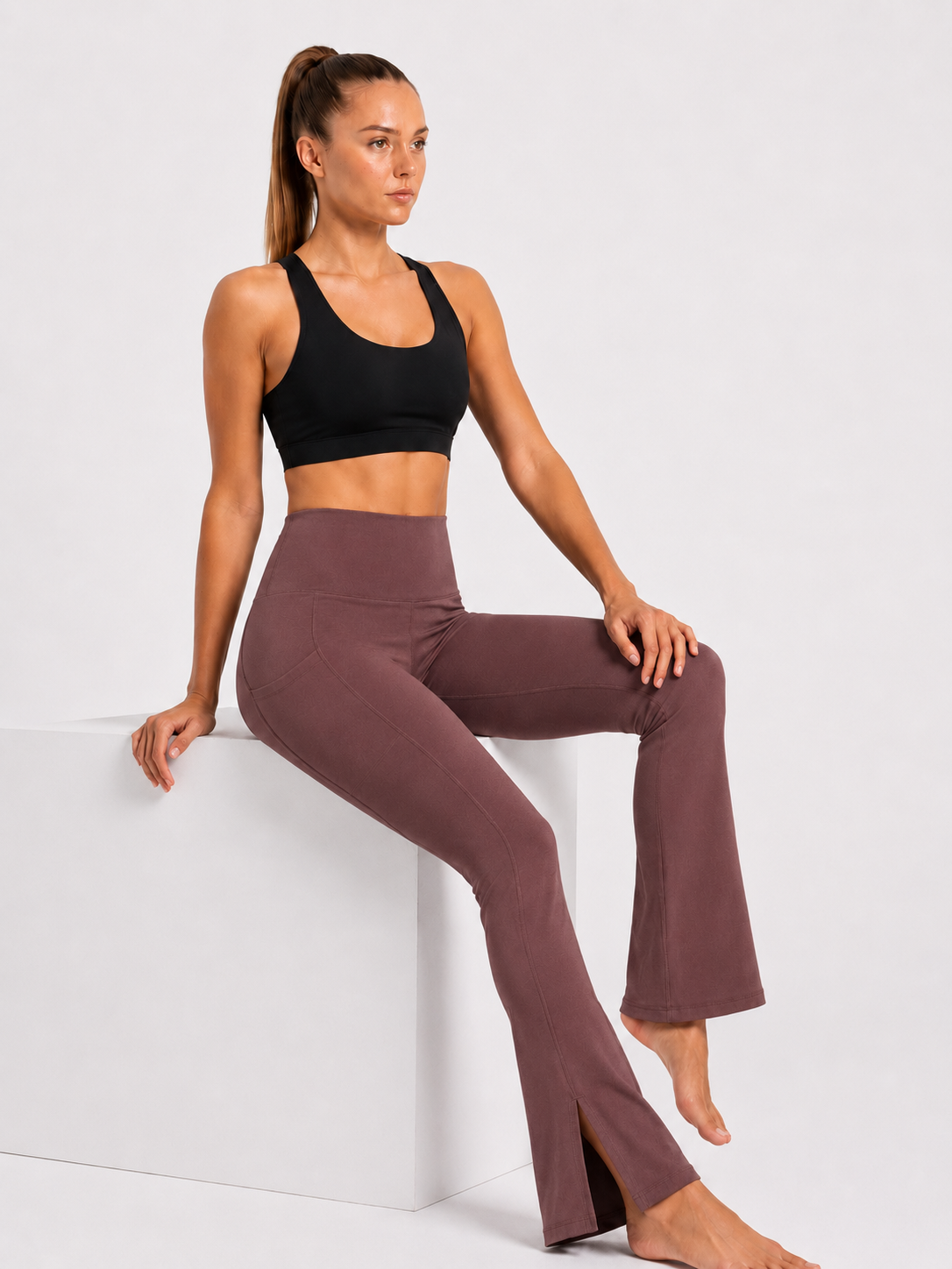 New York Laundry Women's High-Waisted Flare Yoga Pants with Side Pockets and Hem Slits, Mauve / Brown