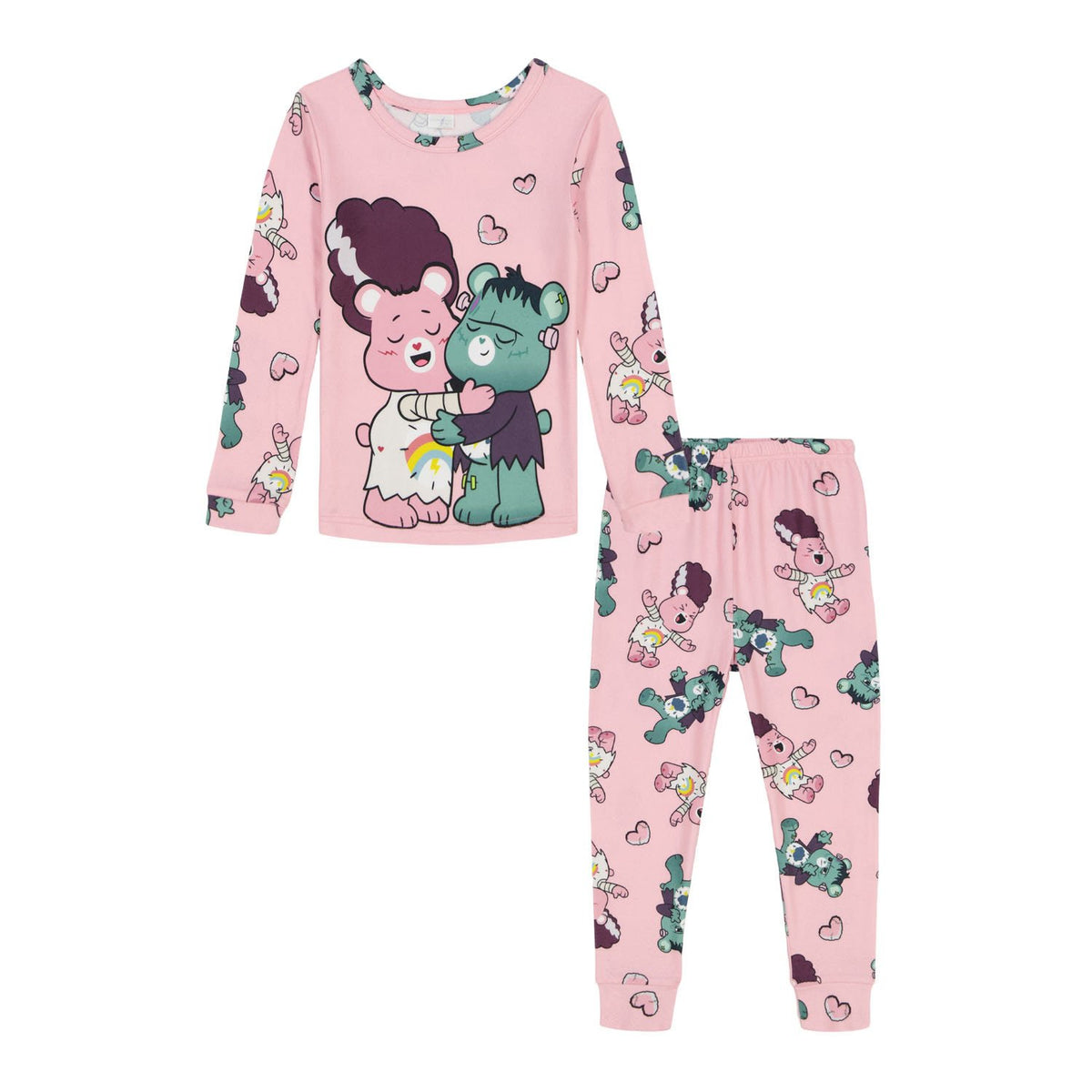 Care Bears Toddler Girls Pink Long Sleeve Pajama Set with Frankenstein and Bride Bear Print Top and Jogger Pants