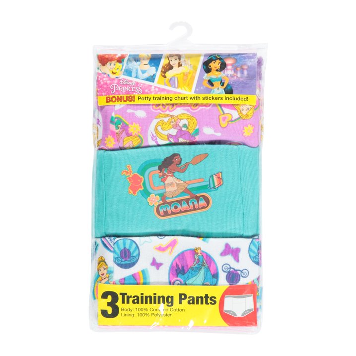 Disney Princess Toddler Girls 3-Pack Potty Training Pants, Moana, Rapunzel & Cinderella Absorbent Padded Cotton Underwear, Sizes 3T-4T