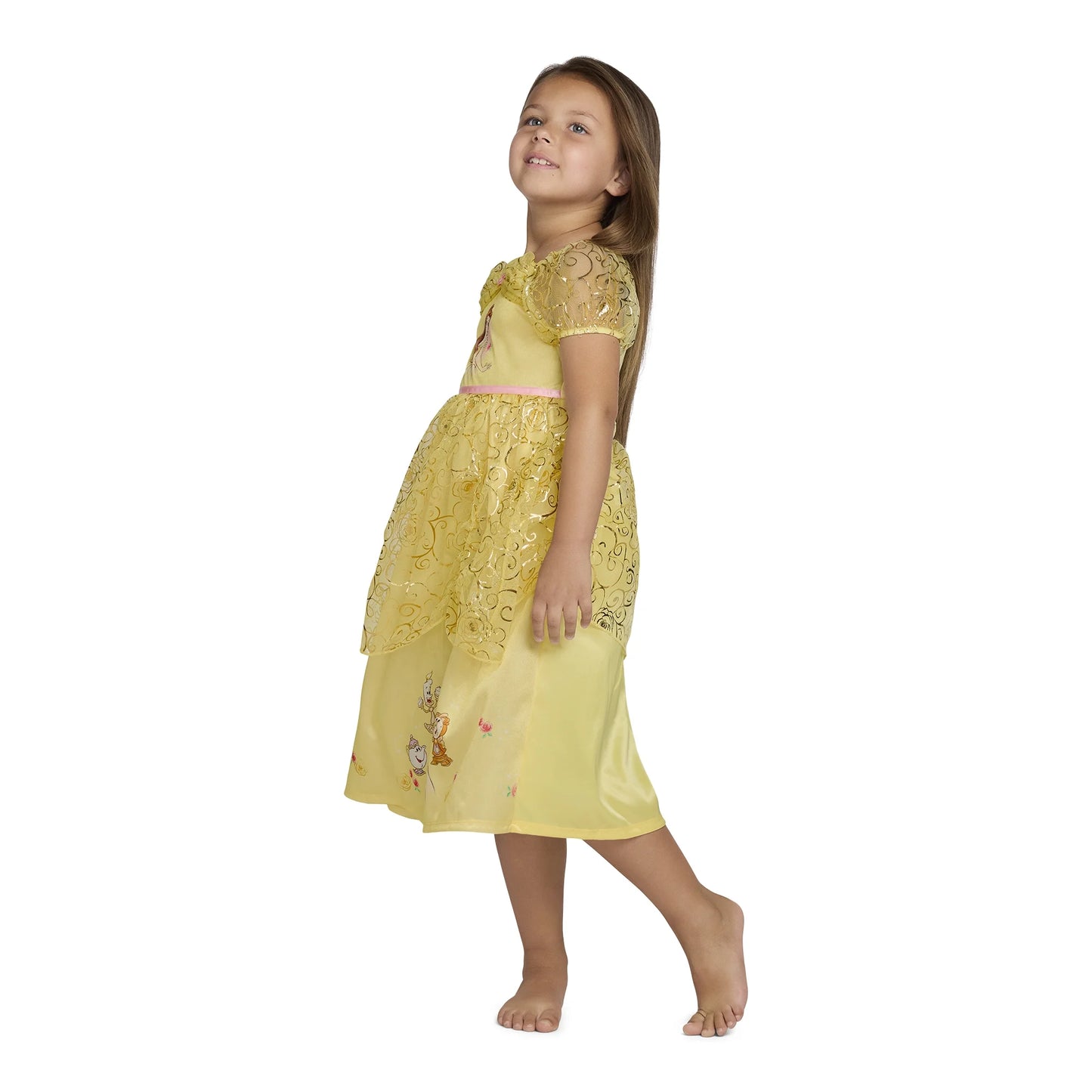 Disney Princess Belle Girls Yellow Nightgown with Gold Overlay Short Sleeve Sleep Dress