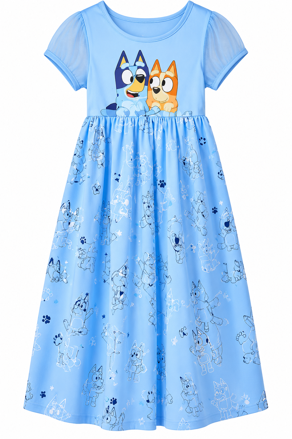 Bluey Girls' Short Sleeve Nightgown with Bluey and Bingo Graphic and Tulle Skirt, Light Blue, Toddler Sizes 3T 4T 5T