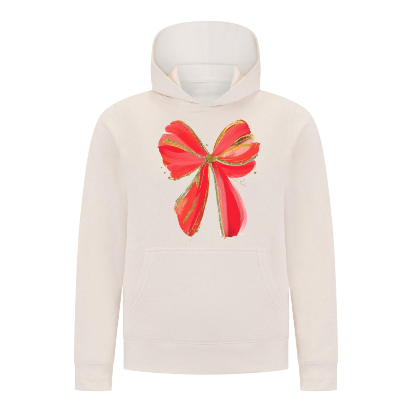 Everyday Kids Christmas Collection Festive Red & Gold Bow Girls Pullover Hoodie – Holiday Sweatshirt - Off White
