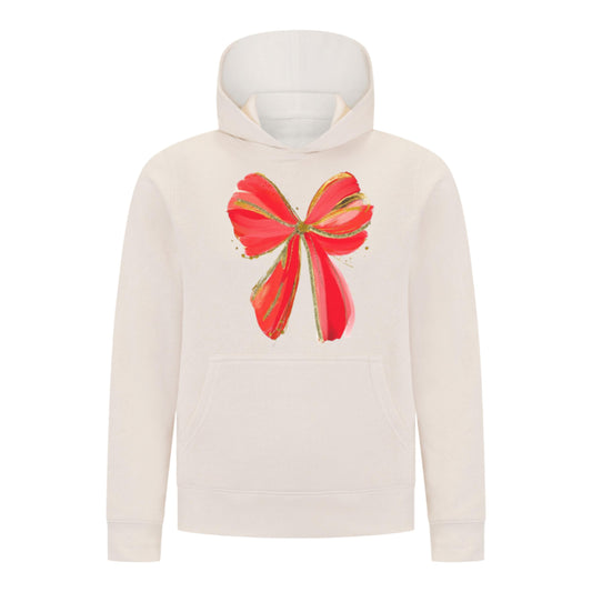 Everyday Kids Christmas Collection Festive Red & Gold Bow Girls Pullover Hoodie – Holiday Sweatshirt - Off White