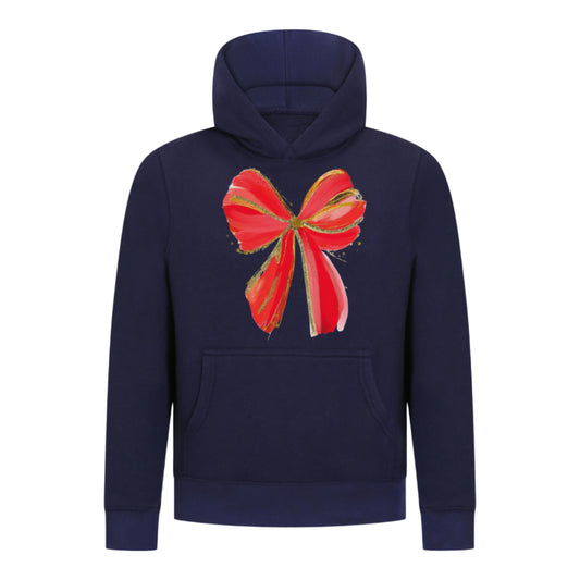 Everyday Kids Christmas Collection Festive Red & Gold Bow Girls Pullover Hoodie – Holiday Sweatshirt - Navy