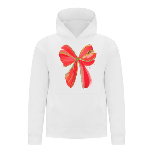 Everyday Kids Christmas Collection Festive Red & Gold Bow Girls Pullover Hoodie – Holiday Sweatshirt - White
