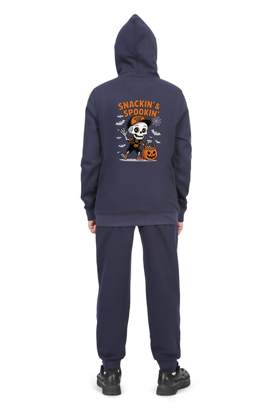 Everyday Kids “Snackin’ & Spookin’” Zip Up Halloween Hoodie – Skeleton Trick-or-Treater with Candy Bag – Cozy Fall Sweatshirt for Boys, Navy
