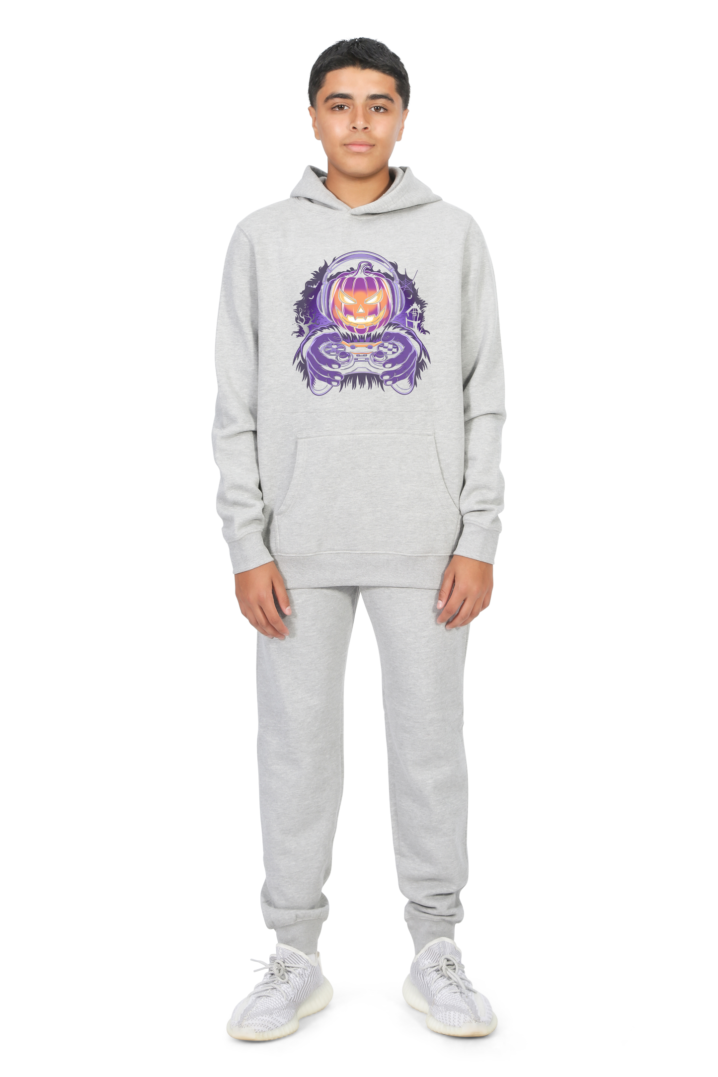 Everyday Kids Halloween Pullover Hoodie – Gamer Pumpkin with Headphones and Controller – Cozy Fall Sweatshirt for Boys, Heather Gray