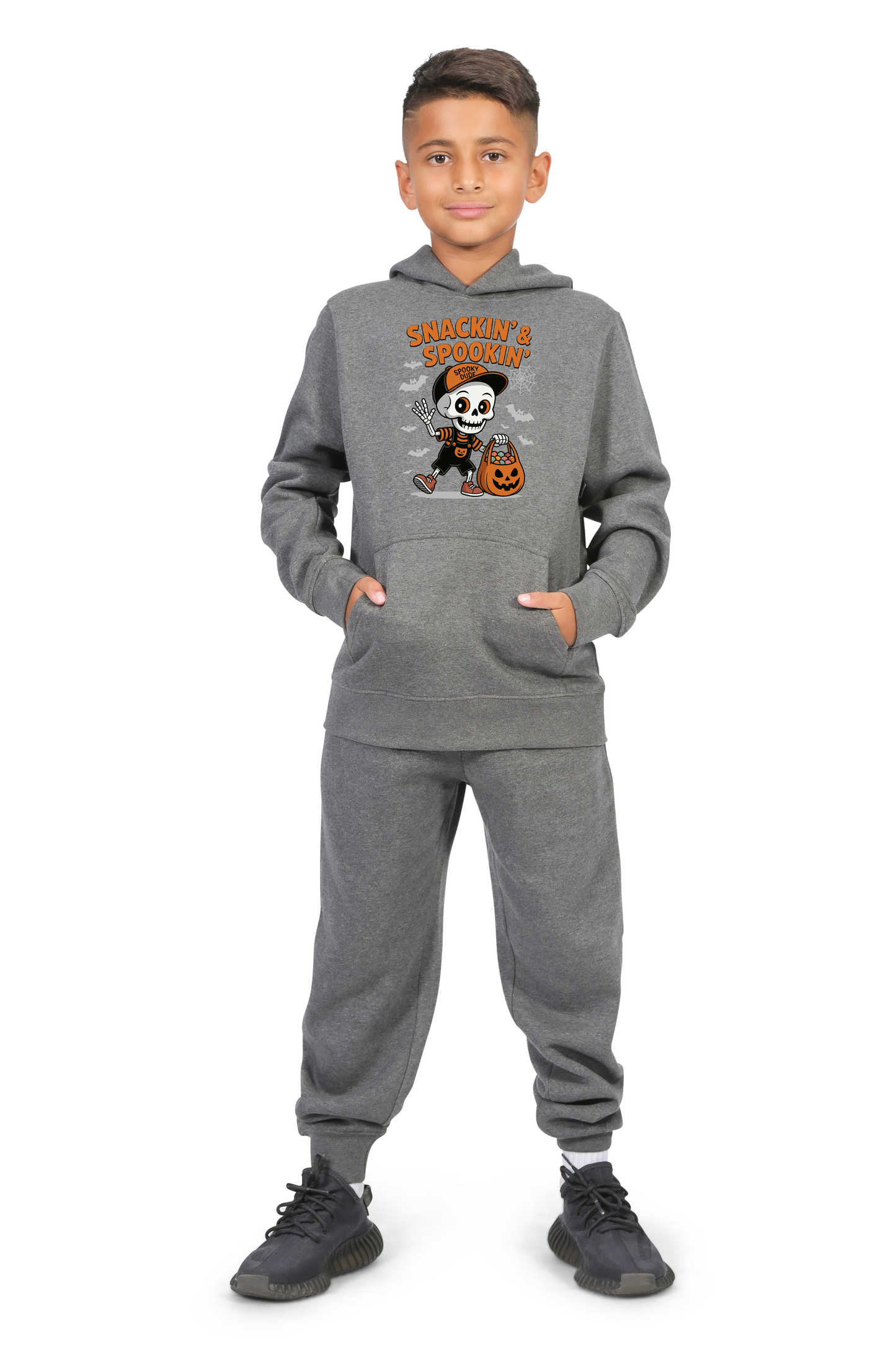 Everyday Kids “Snackin’ & Spookin’” Pullover Halloween Hoodie – Skeleton Trick-or-Treater with Candy Bag – Cozy Fall Sweatshirt for Boys, Heather Gray