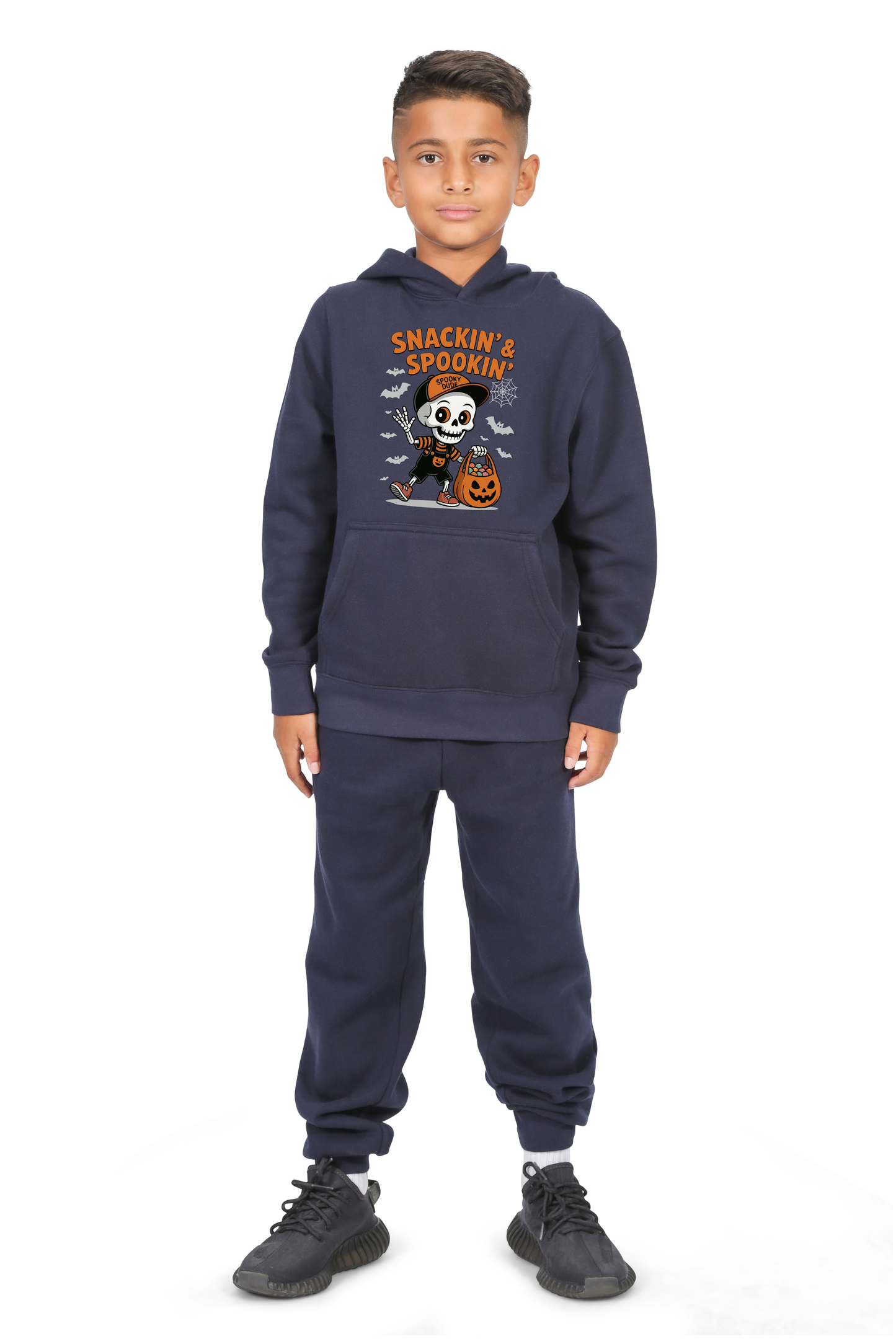Everyday Kids “Snackin’ & Spookin’” Pullover Halloween Hoodie – Skeleton Trick-or-Treater with Candy Bag – Cozy Fall Sweatshirt for Boys, Navy