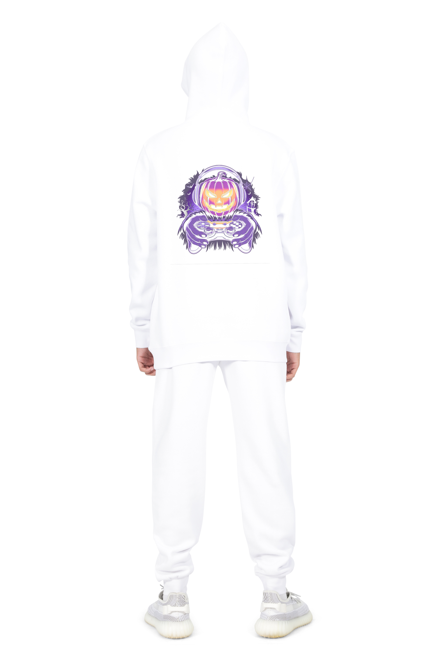 Everyday Kids Halloween Zip Up Hoodie – Gamer Pumpkin with Headphones and Controller – Cozy Fall Sweatshirt for Boys, White