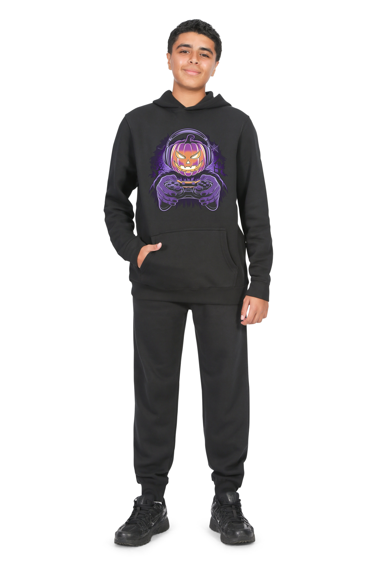 Everyday Kids Halloween Pullover Hoodie – Gamer Pumpkin with Headphones and Controller – Cozy Fall Sweatshirt for Boys, Black
