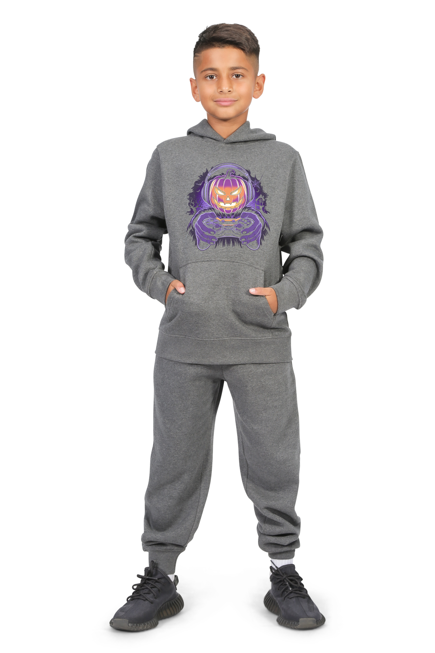 Everyday Kids Halloween Pullover Hoodie – Gamer Pumpkin with Headphones and Controller – Cozy Fall Sweatshirt for Boys, Charcoal Gray