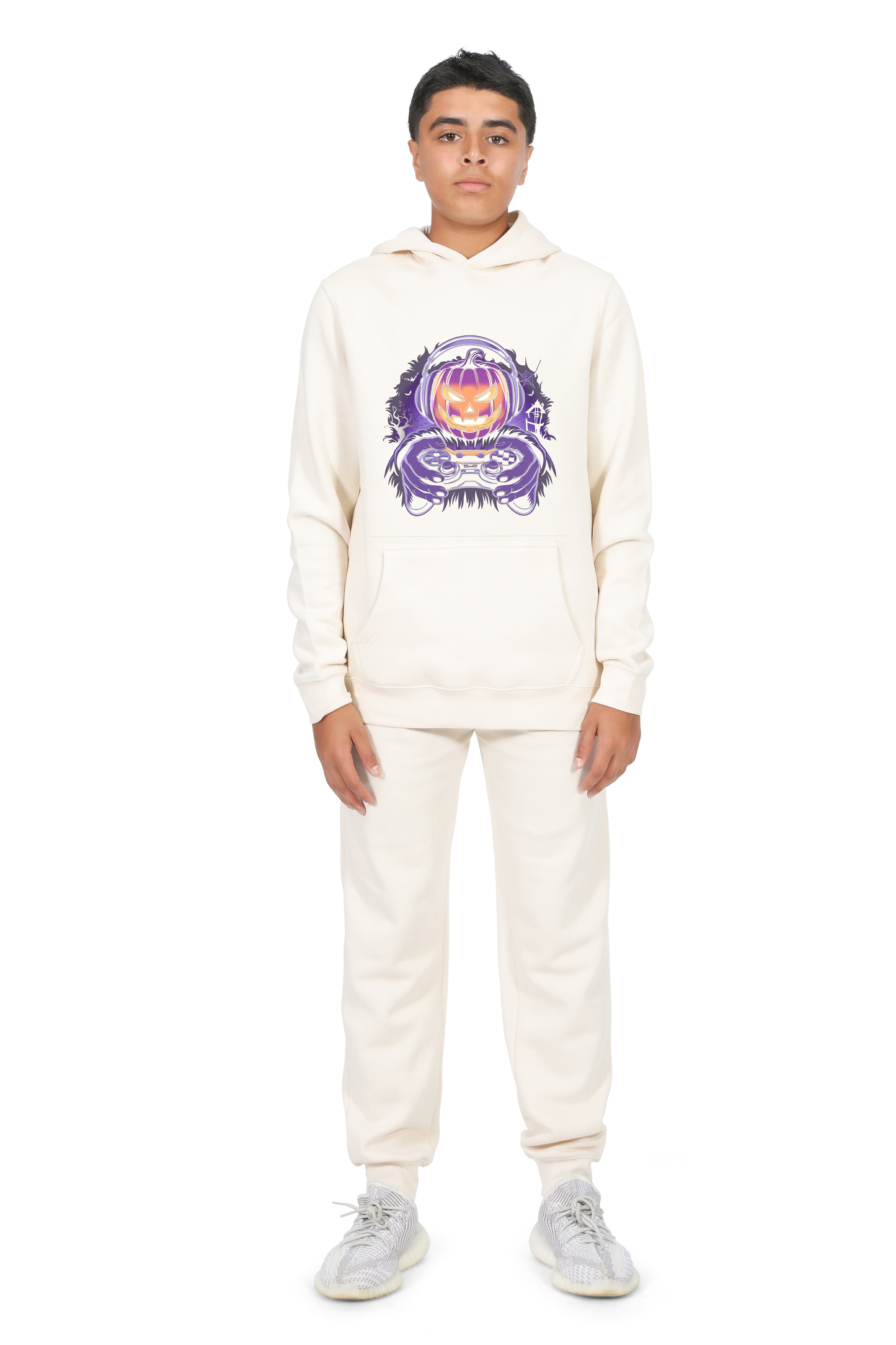 Everyday Kids Halloween Pullover Hoodie – Gamer Pumpkin with Headphones and Controller – Cozy Fall Sweatshirt for Boys, Off-White
