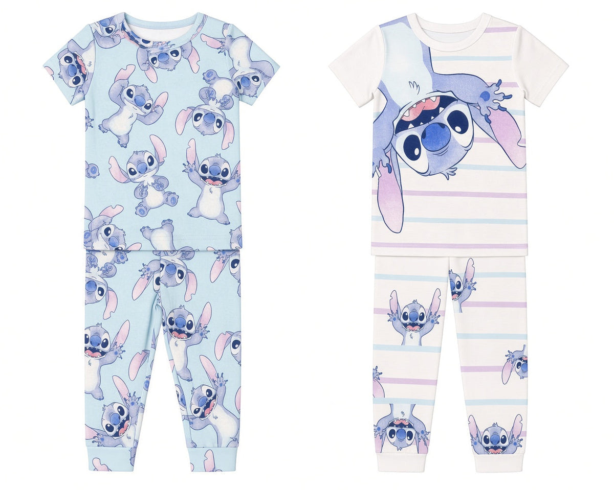 Disney Stitch Girls 4 Piece Pajama Set, Two Short Sleeve Tops and Two Jogger Pants, Light Blue and Striped, Sizes 18M to 5T
