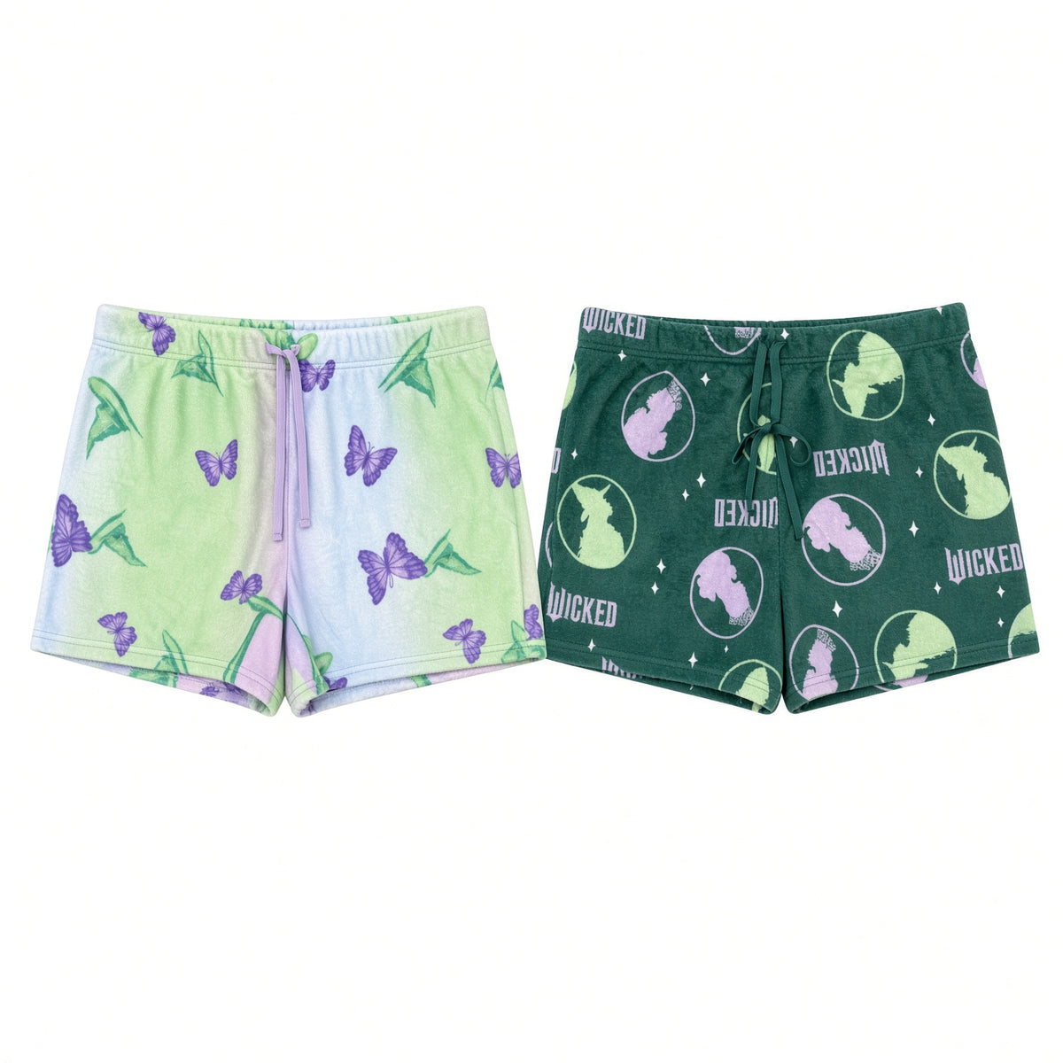 Wicked Women's 2 Pack Plush Pajama Shorts with Drawstring Waist, Butterfly Print and Wicked Logo Print, Sizes S-XL