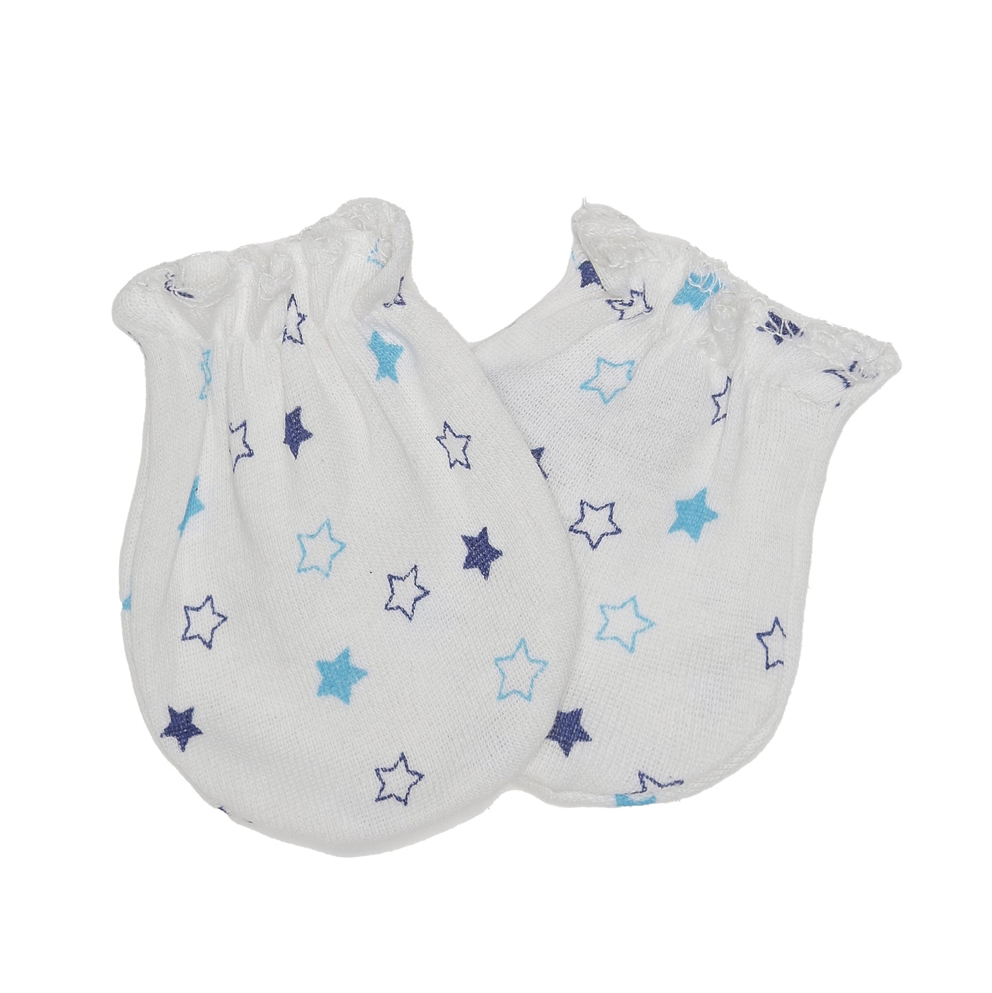 EVERYDAY KIDS 4 Pack of Baby No Scratch Mitten Pairs for Newborns and 4 Pack Baby Boy Hats; Newborn Hats for Boys in Light and Dark Solid Blue and Prints with Beach Whales and Celestial Stars