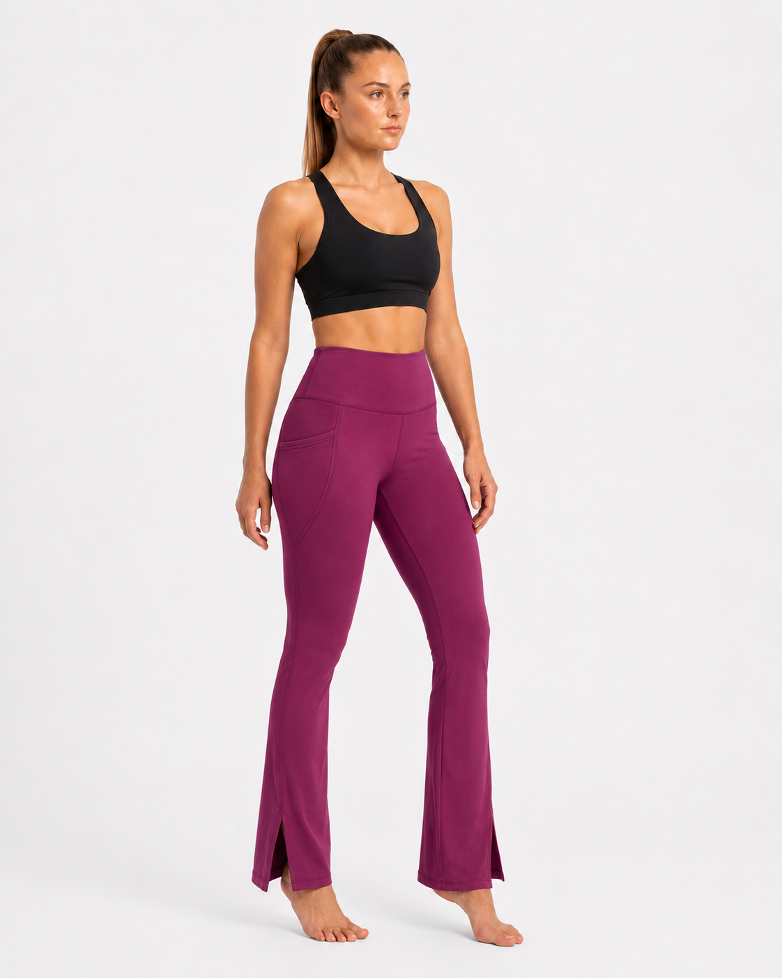 New York Laundry Women's High-Waisted Flare Yoga Pants with Side Pockets and Hem Slits, Purple