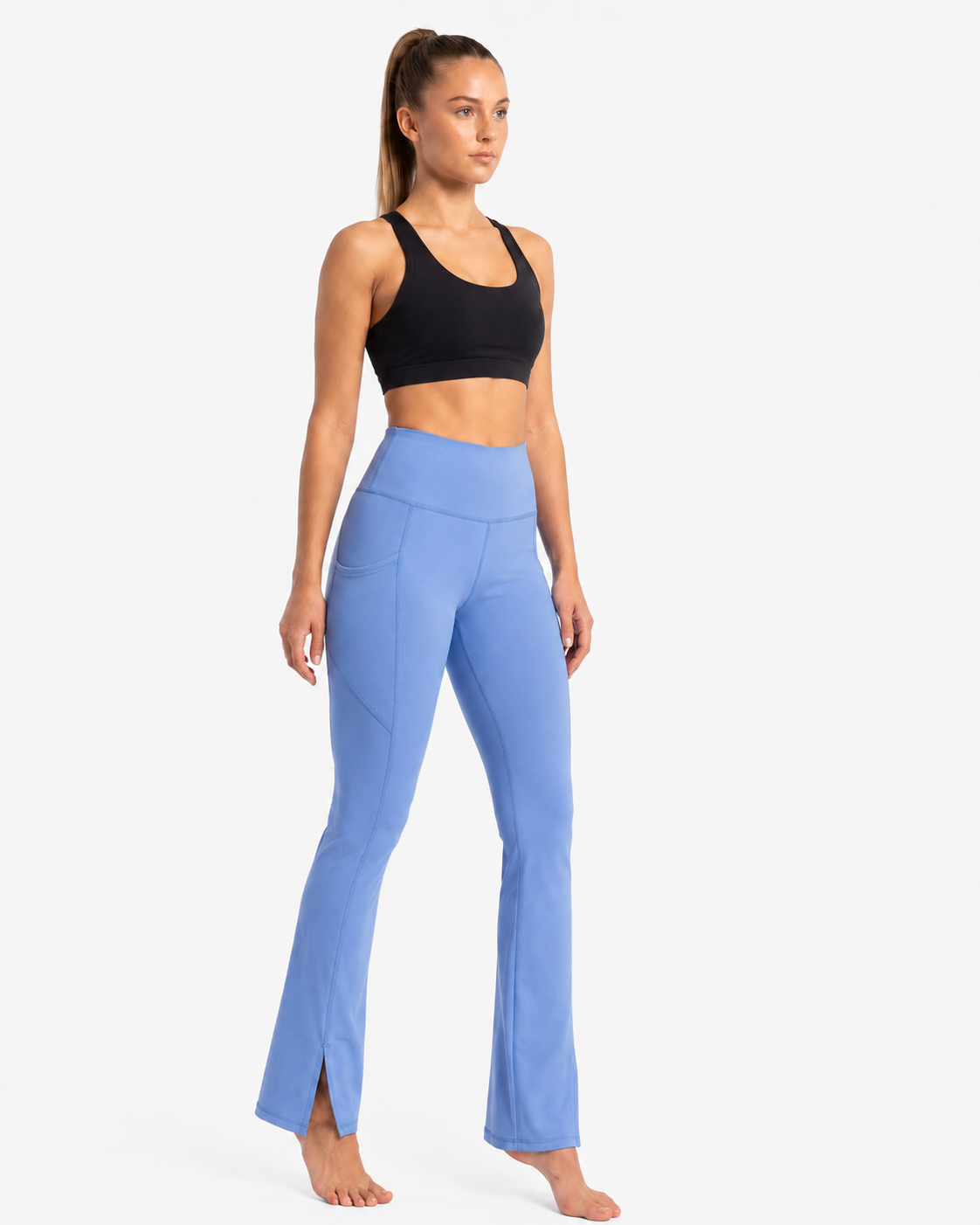 New York Laundry Women's High-Waisted Flare Yoga Pants with Side Pockets and Hem Slits, Periwinkle Blue