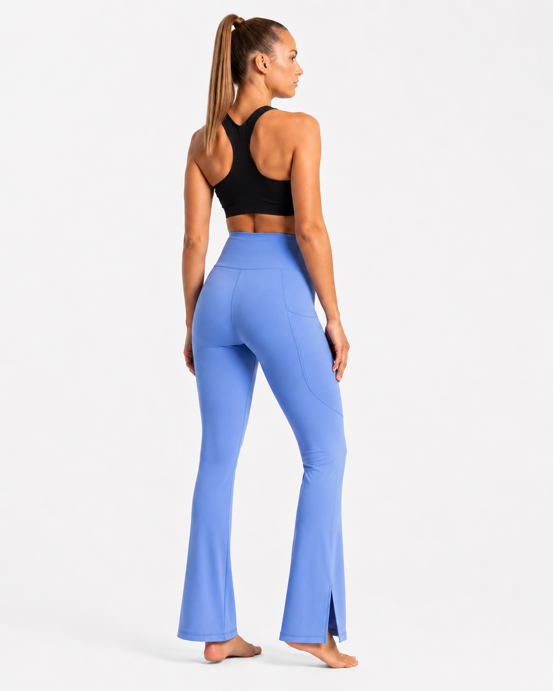 New York Laundry Women's High-Waisted Flare Yoga Pants with Side Pockets and Hem Slits, Periwinkle Blue