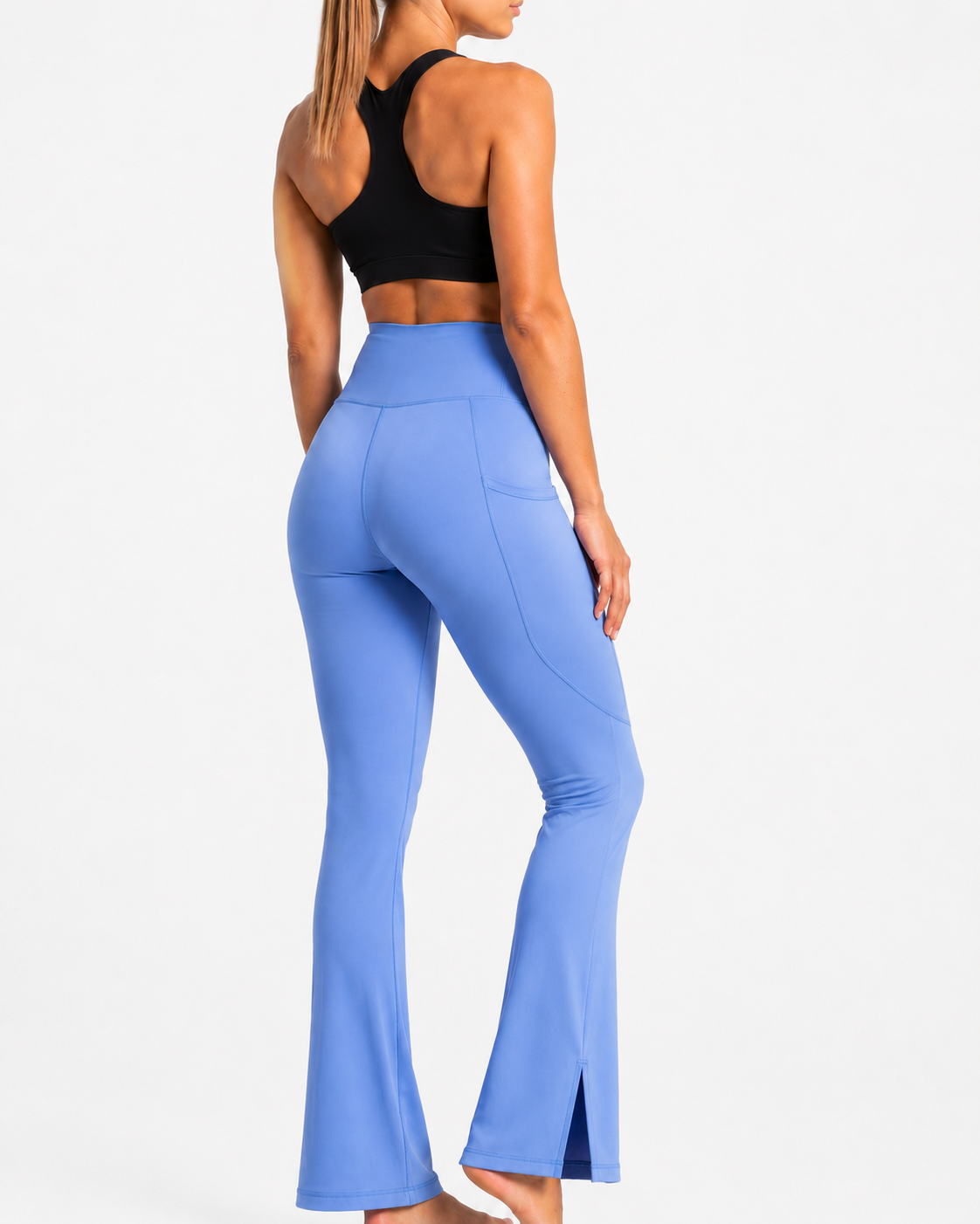 New York Laundry Women's High-Waisted Flare Yoga Pants with Side Pockets and Hem Slits, Periwinkle Blue