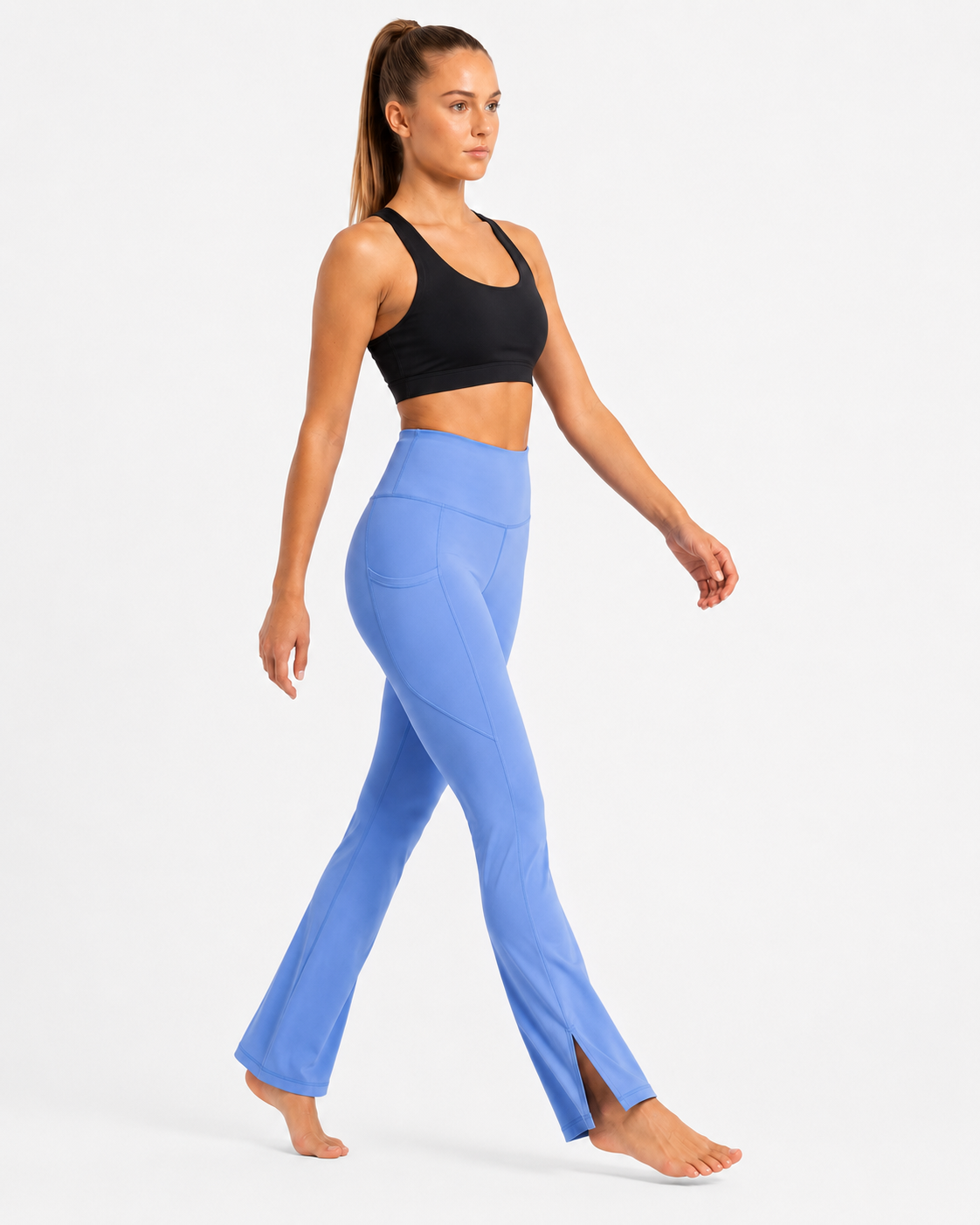New York Laundry Women's High-Waisted Flare Yoga Pants with Side Pockets and Hem Slits, Periwinkle Blue