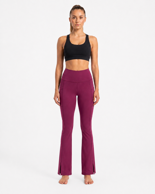New York Laundry Women's High-Waisted Flare Yoga Pants with Side Pockets and Hem Slits, Purple