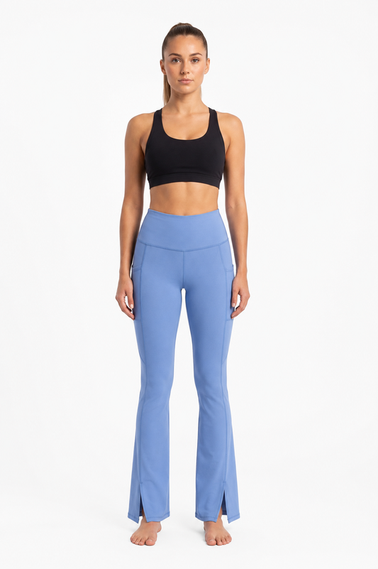 New York Laundry Women's High-Waisted Flare Yoga Pants with Side Pockets and Hem Slits, Periwinkle Blue