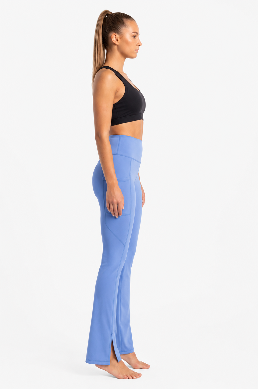 New York Laundry Women's High-Waisted Flare Yoga Pants with Side Pockets and Hem Slits, Periwinkle Blue