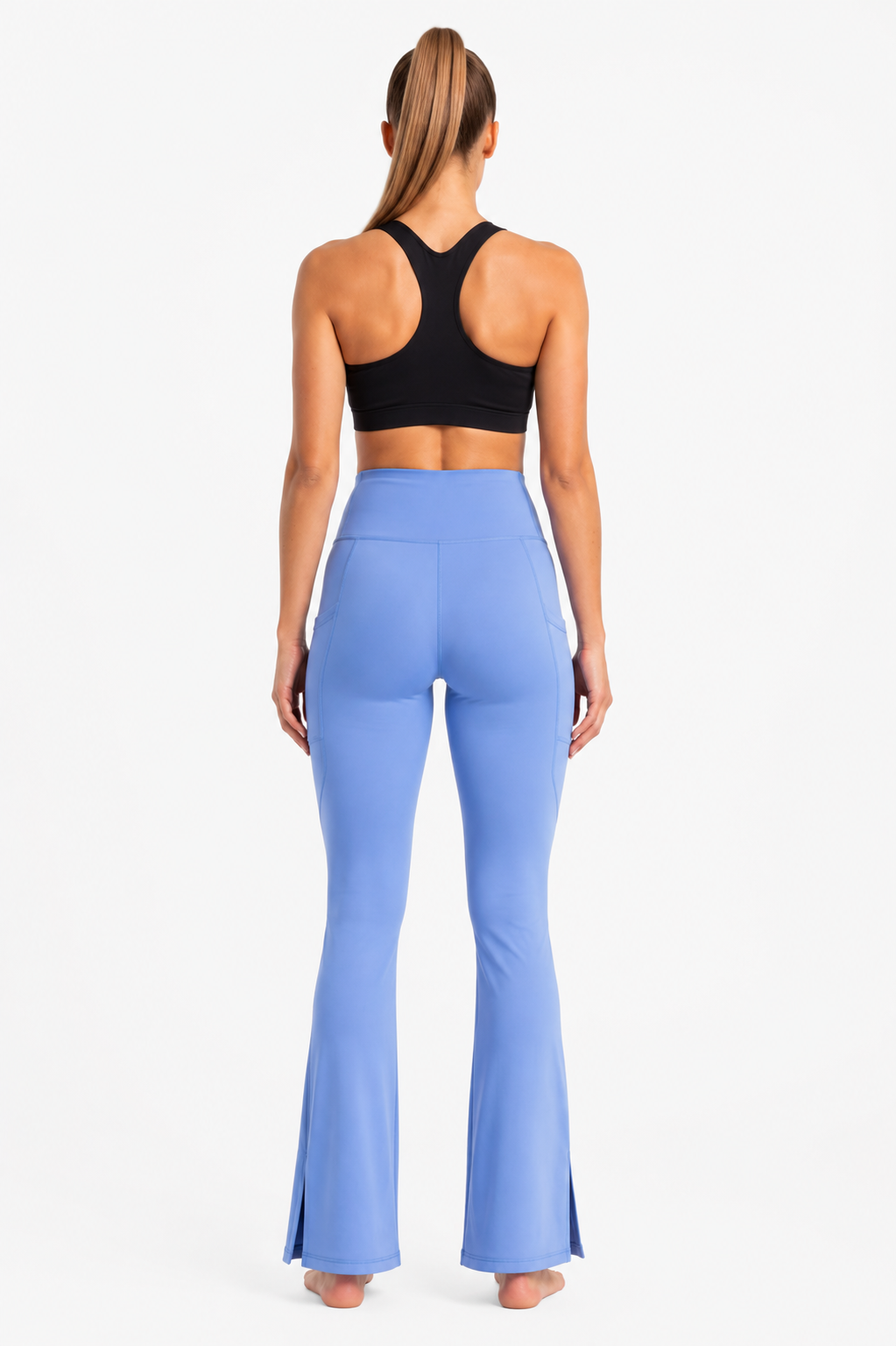 New York Laundry Women's High-Waisted Flare Yoga Pants with Side Pockets and Hem Slits, Periwinkle Blue