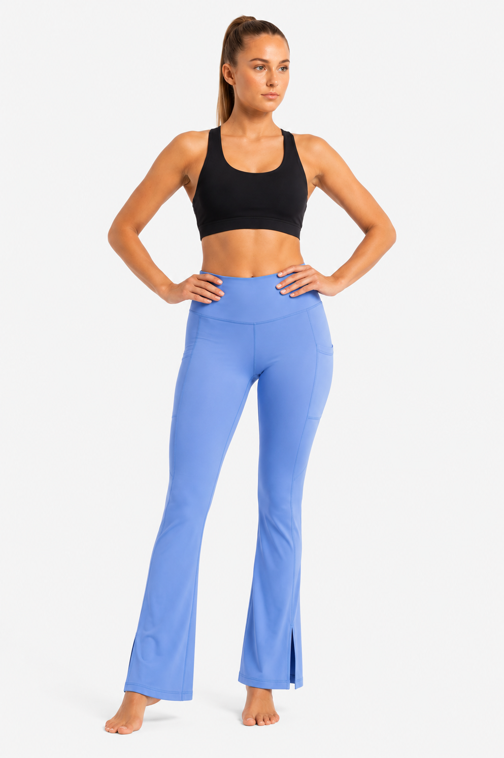 New York Laundry Women's High-Waisted Flare Yoga Pants with Side Pockets and Hem Slits, Periwinkle Blue