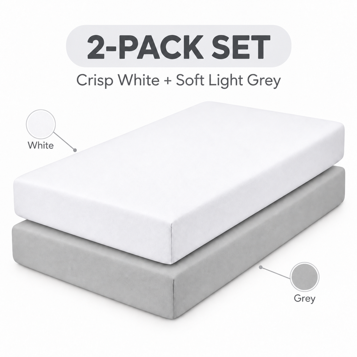 Everyday Kids Solid Fitted Crib Sheet Set, Soft Microfiber Nursery Mattress Sheets, White and Grey, 2-Pack