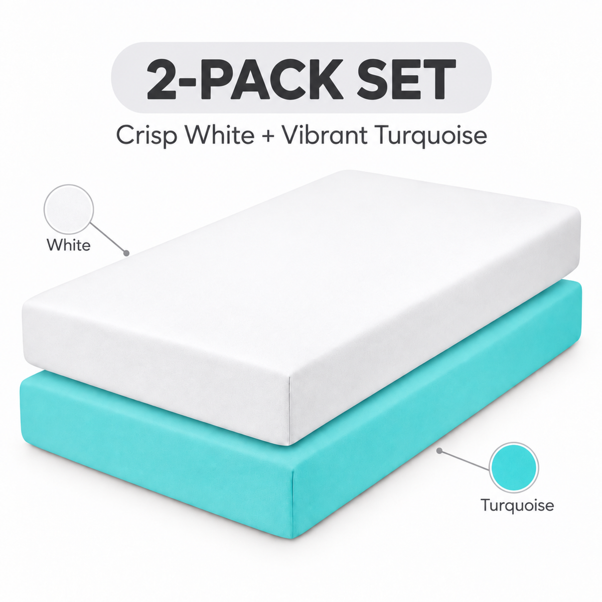 Everyday Kids Solid Fitted Crib Sheet Set, Soft Microfiber Nursery Mattress Sheets, White and Aqua, 2-Pack