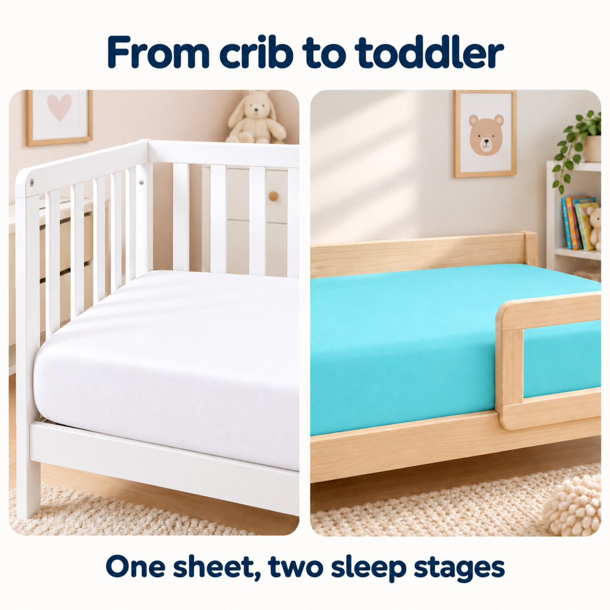 Everyday Kids Solid Fitted Crib Sheet Set, Soft Microfiber Nursery Mattress Sheets, White and Aqua, 2-Pack